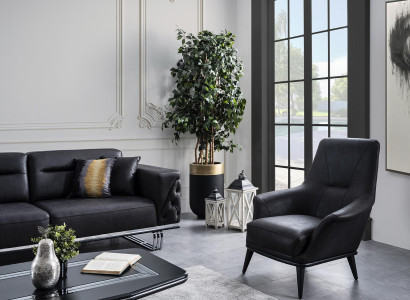 Luxus Sessel Ohrensessel Cocktailsessel Kunstleder Polyester Schwarz
